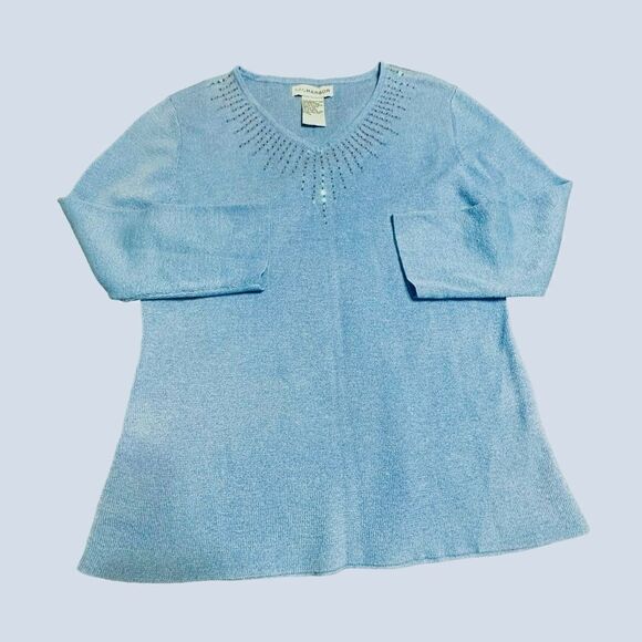 Vintage mid blue Sag Harbor V neck 3/4 sleeve sweater w sequin detail size small - Picture 4 of 11